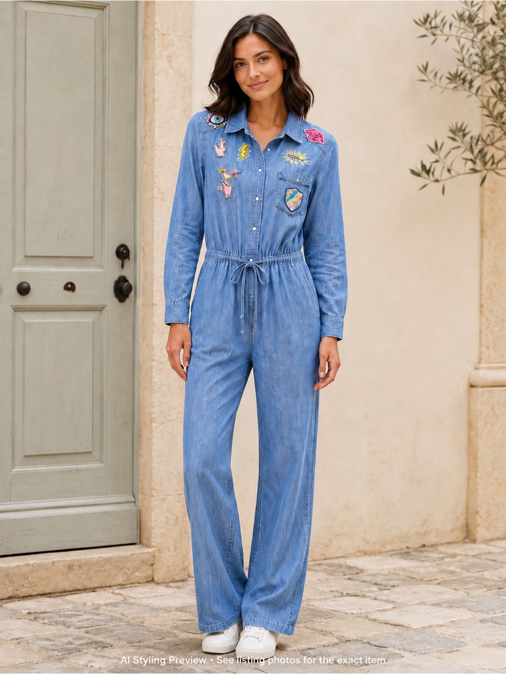 NAF NAF EU 36 Fits XS-S Blue Chambray Patch Pearl Snap Jumpsuit